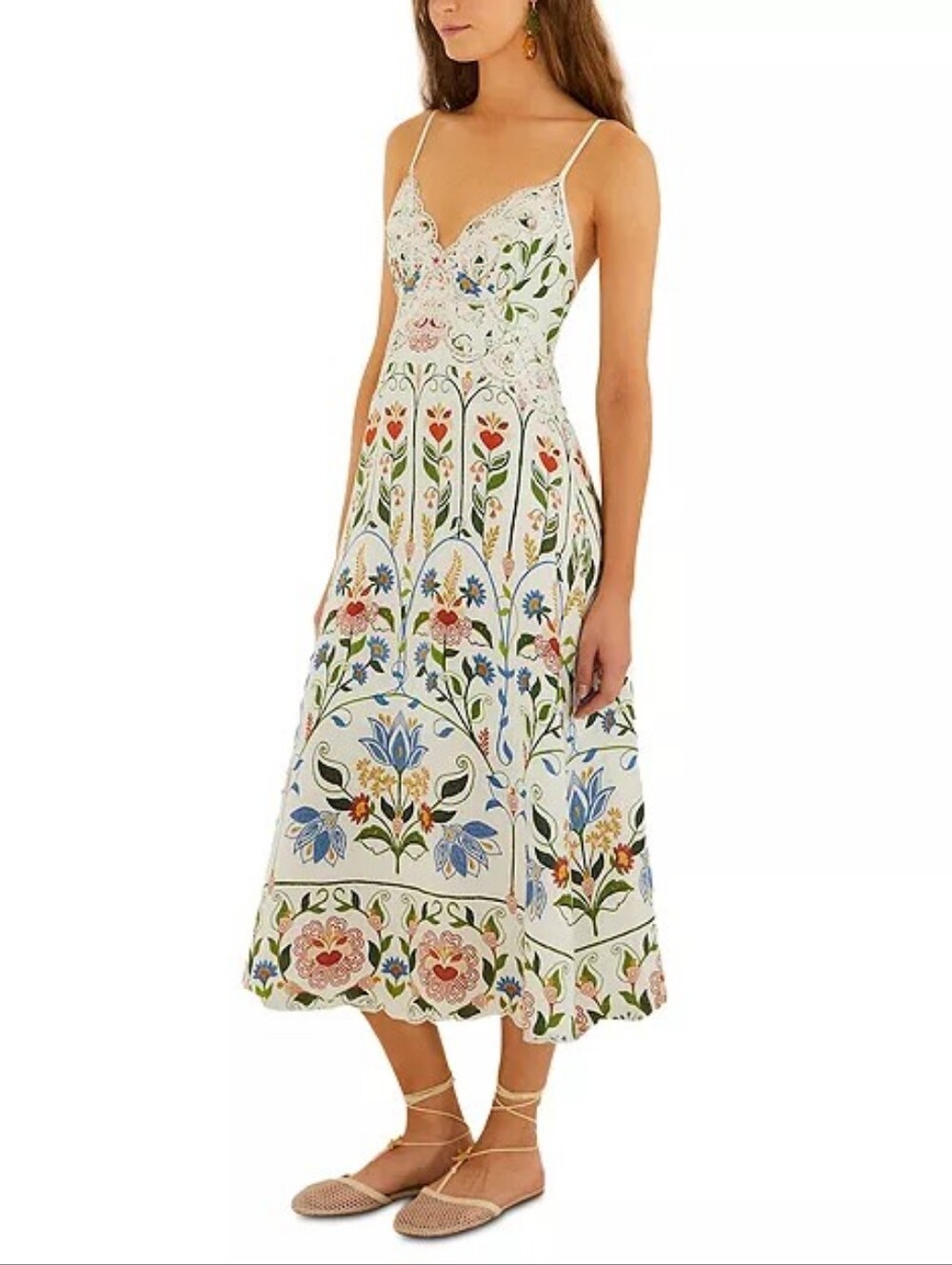 FARM Rio Cream Midi Dress with Multicolor Floral Embroidery XL NWT